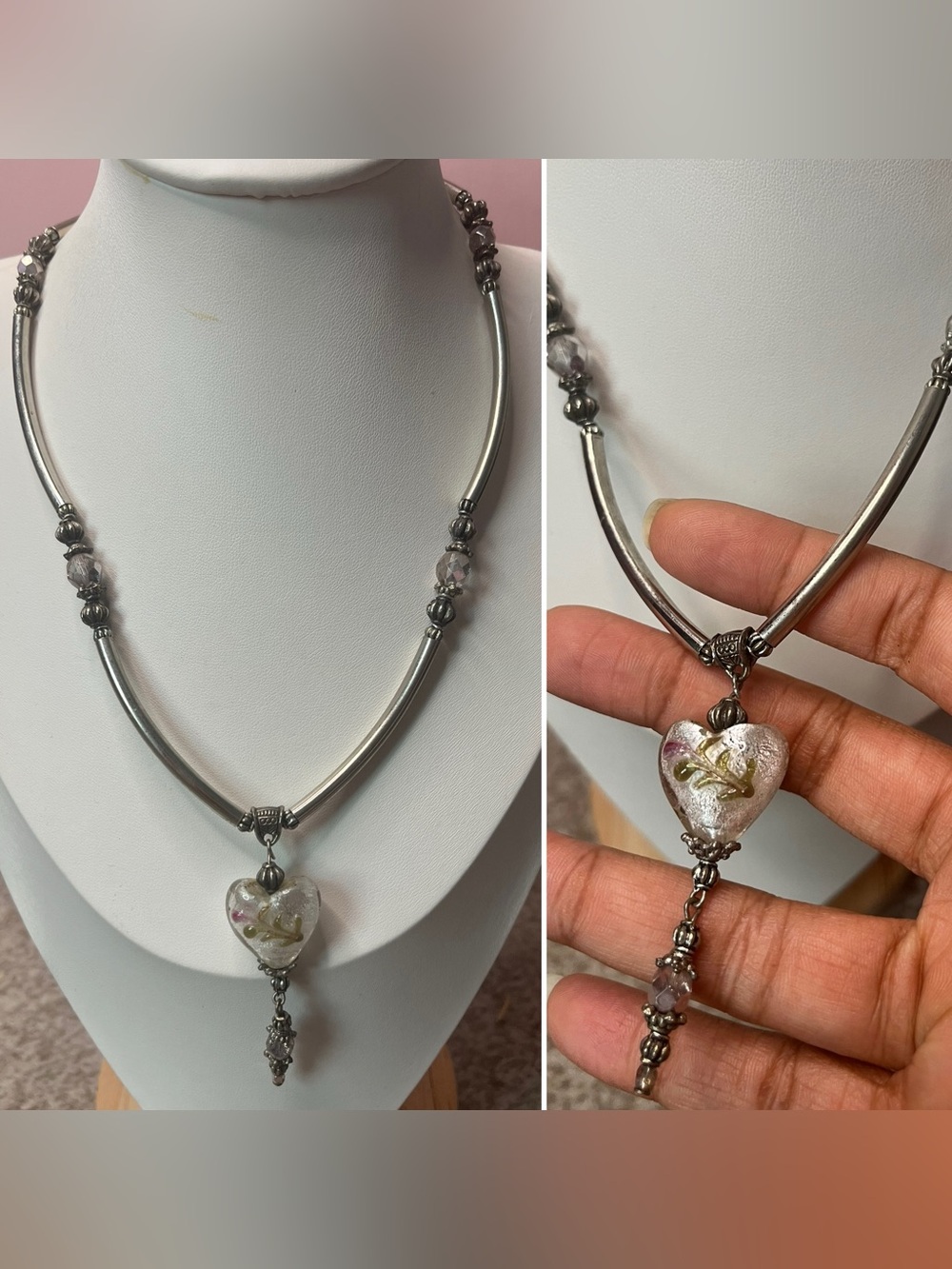 Silver Heart Pendant Necklace with Pink Accents